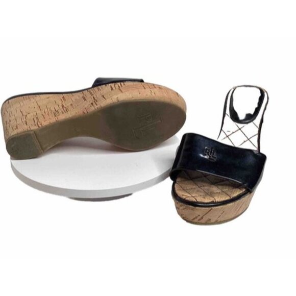 Ralph Lauren Women’s 8 1/2 Black Patent Leather Strap Cork Wedge Open Toe Heels - Picture 4 of 5